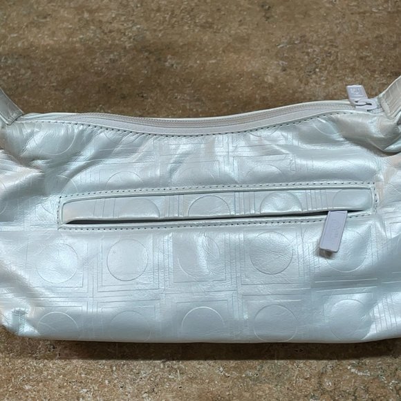 VINTAGE PINKY LEATHER Pearl White Leather Embossed Logo Chic Top Handle Eve Bag - Picture 3 of 12
